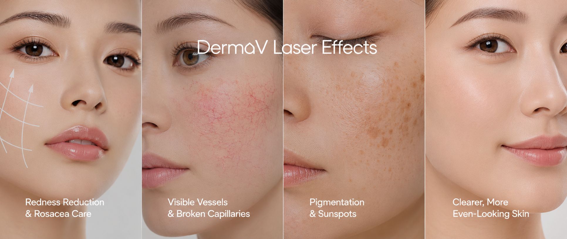 Skin concerns treated with DermaV laser, including facial redness, visible vessels, sunspots and pigmentation