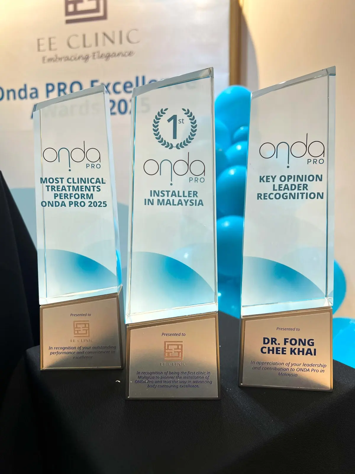 EE Clinic Onda Pro awards for first installation in Malaysia, most clinical treatments and Dr Fong’s Key Opinion Leader recognition