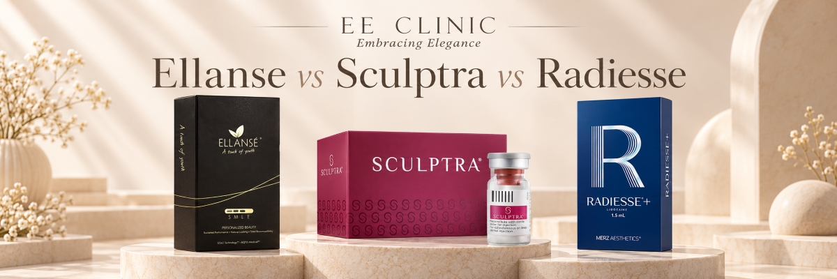 Ellansé, Sculptra and Radiesse product comparison graphic by EE Clinic